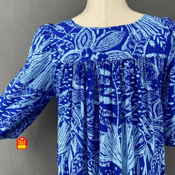 Vtg 80s 90s Two Potato Laguna Beach Midi Tiered Muumuu Dress XS Cotton Blue NOS - Picture 7 of 16